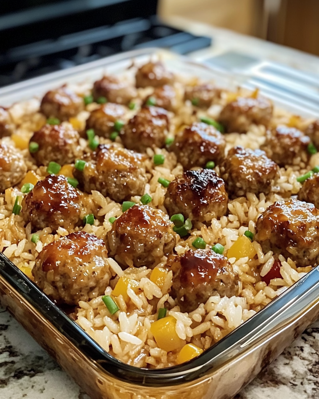 Honey Garlic Meatball Rice Bake