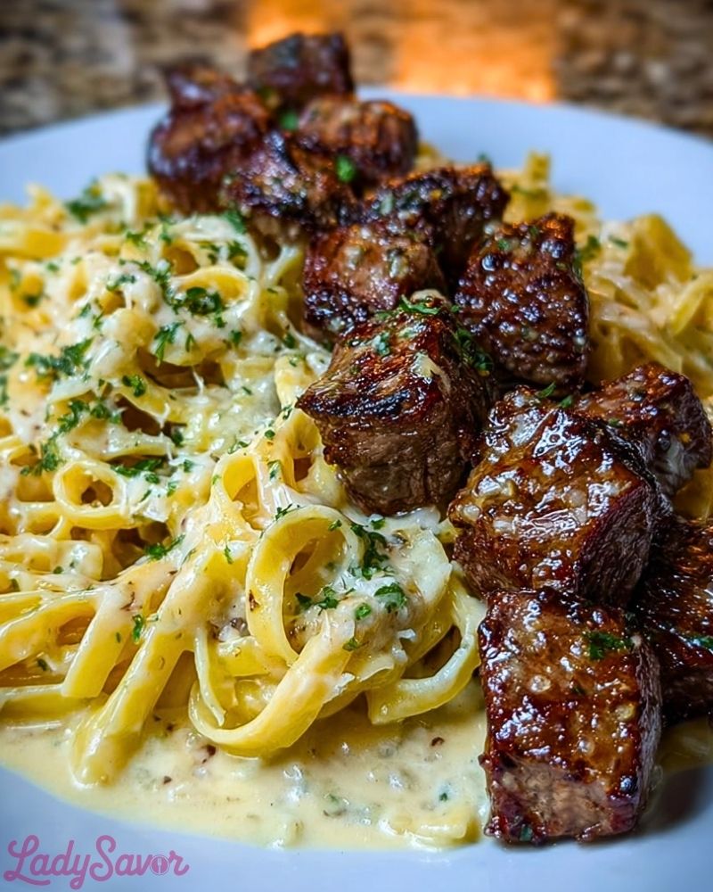 Cheesy Garlic Steak Bites over Creamy Linguine Pasta