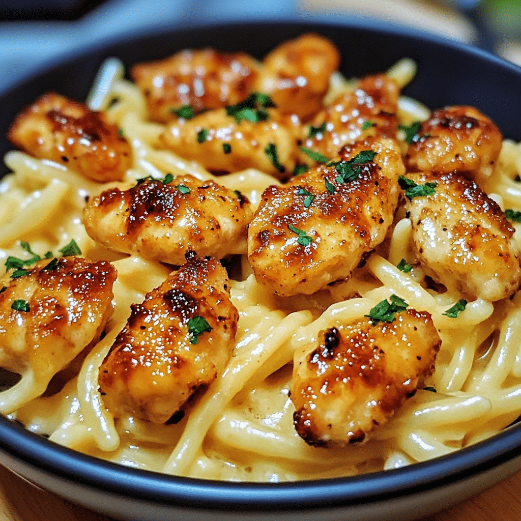 Garlic Butter Chicken Bites with Savory Creamy Parmesan Pasta is a hearty