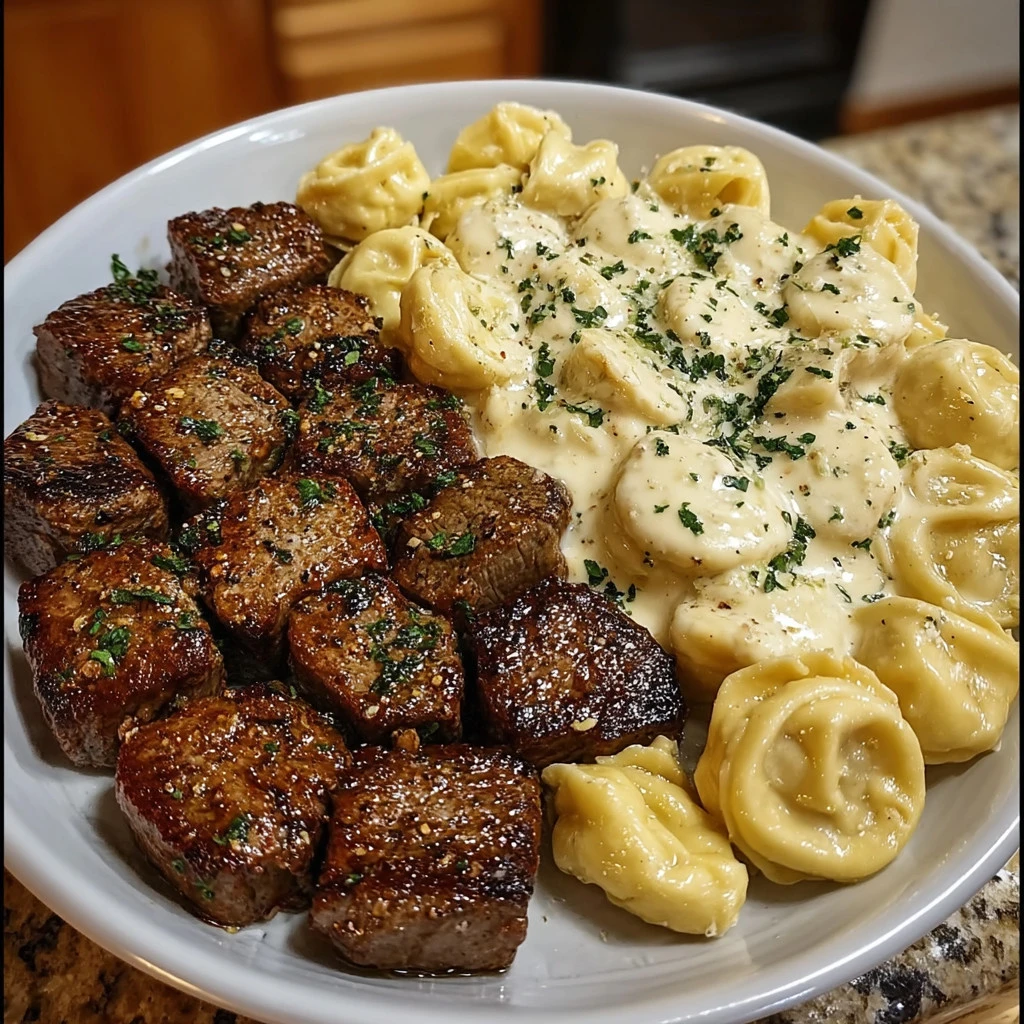 Garlic Butter Steak Bites & Parmesan Alfredo Tortellini