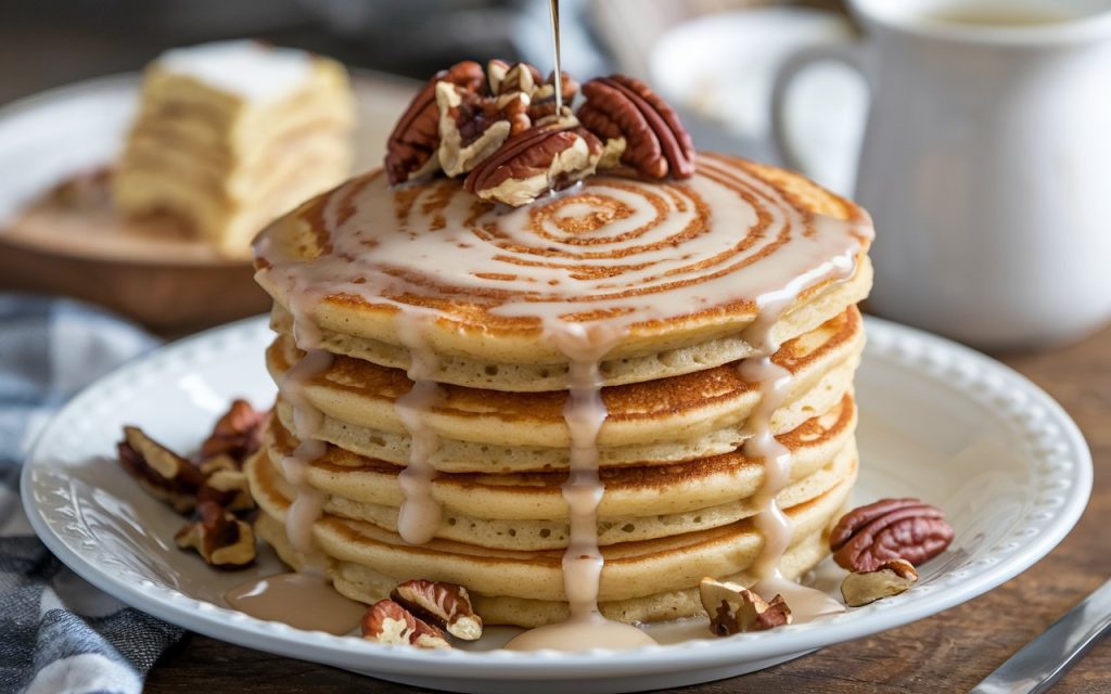 Cinnamon Roll Pancakes – Fluffy Swirl w/ Vanilla Icing Drip