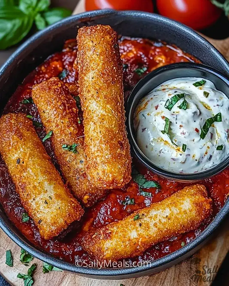 Crispy Mozzarella Sticks with Marinara Sauce & Creamy Dip