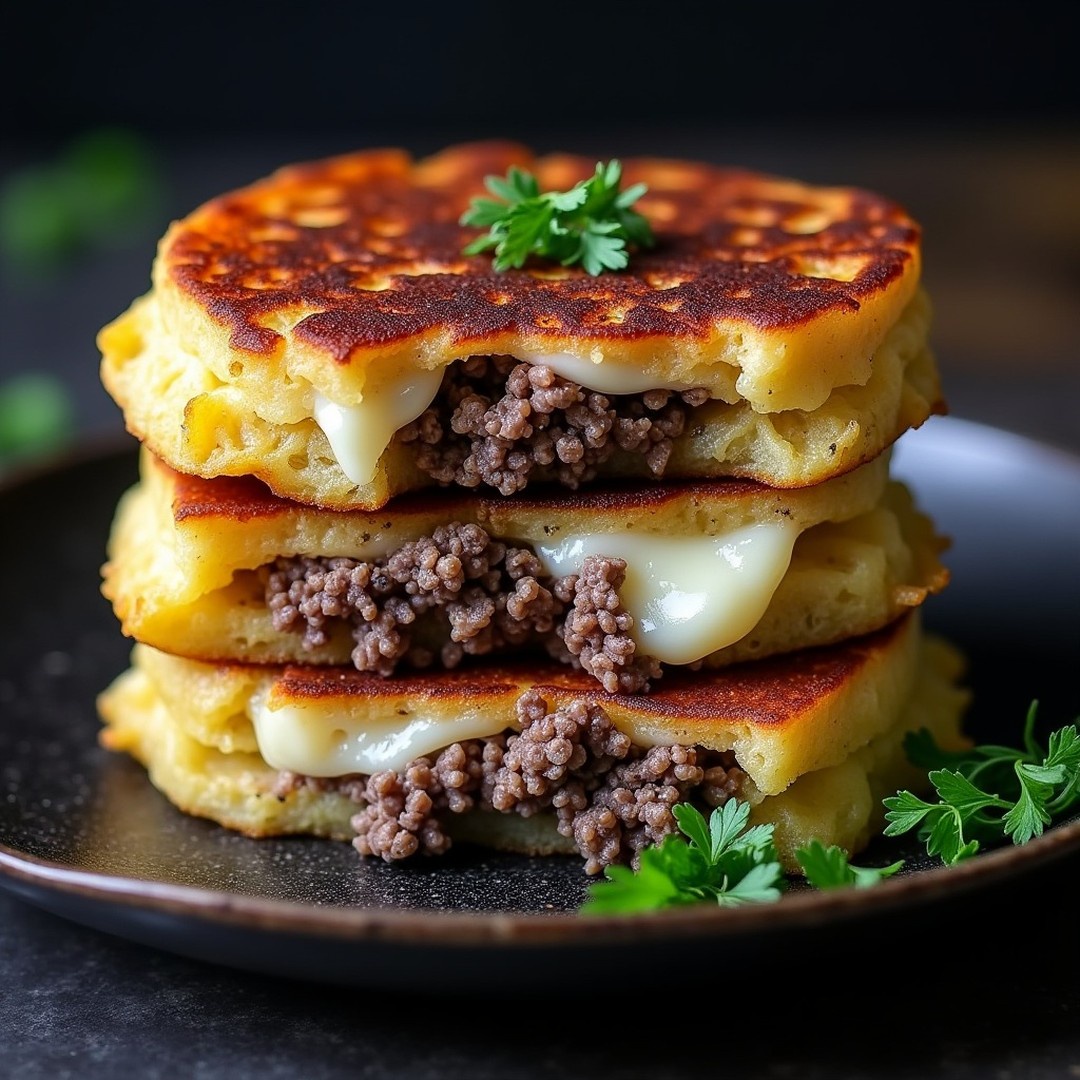 Potato Pancakes With Savory Beef And Cheese