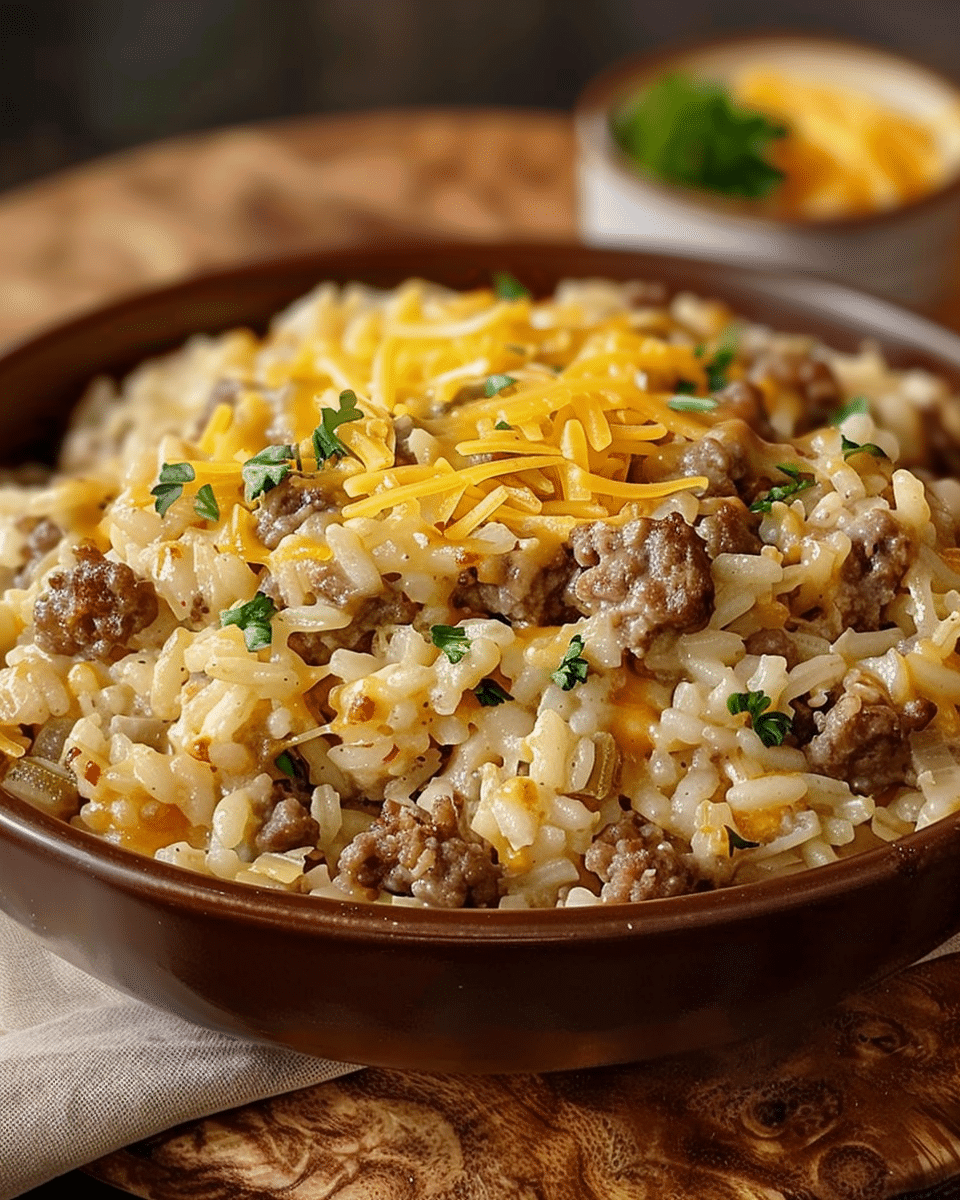 CHEESY GROUND BEEF RICE CASSEROLE